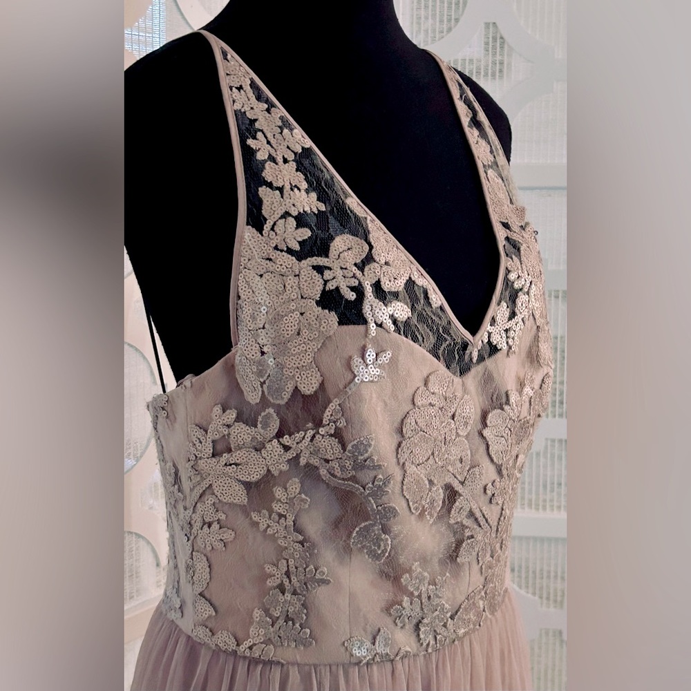 NWT SZ 10 AMSALE Formal Dress Sequins Lace Tulle Maxi Latte Taupe Sora Champagne - Picture 7 of 12